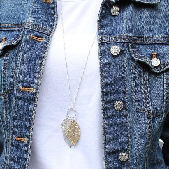 Gold Silver Two Tone Filigree Fall Leaf Pendant Long Necklace Chic Sweater Chain - Picture 2 of 9